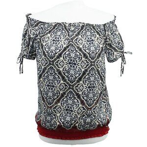 White House Black Market Paisley Print Red Black Keyhole Smocked Blouse Top S